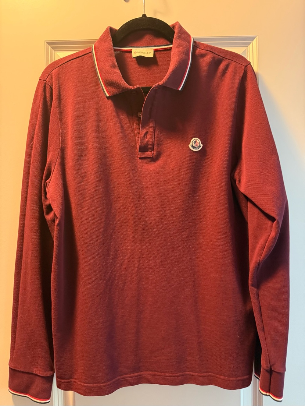 Moncler Men's Long-Sleeve Polo in Burgundy with Trim
